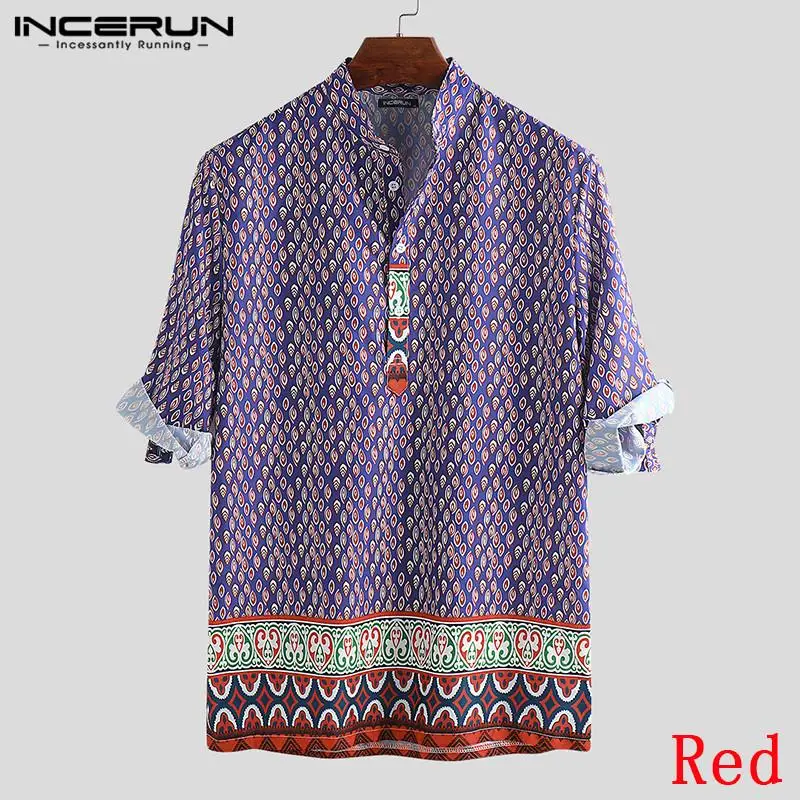 Red Shirt INCERUN, летняя пляжная гавайская рубашка, мужская, с принтом, со стоячим воротником, свободная, половина рукава, на пуговицах, топы, повседневные, богемные рубашки для мужчин, Camisa - Цвет: Red Shirt