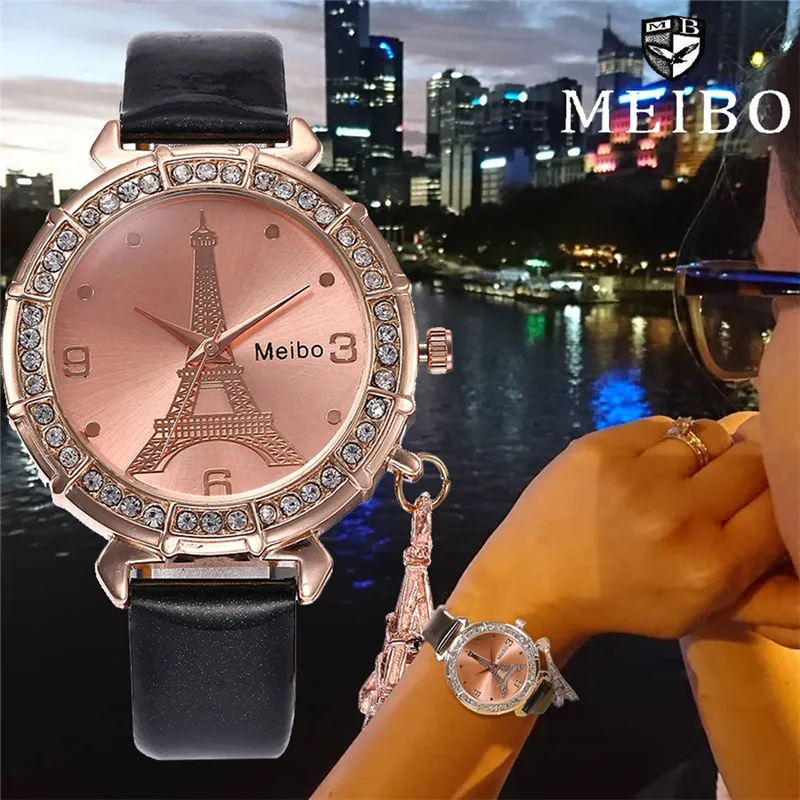 MEIBO женские кожаные Кварцевый механизм с принтом &quotЭйфелева башня&quot Стразы