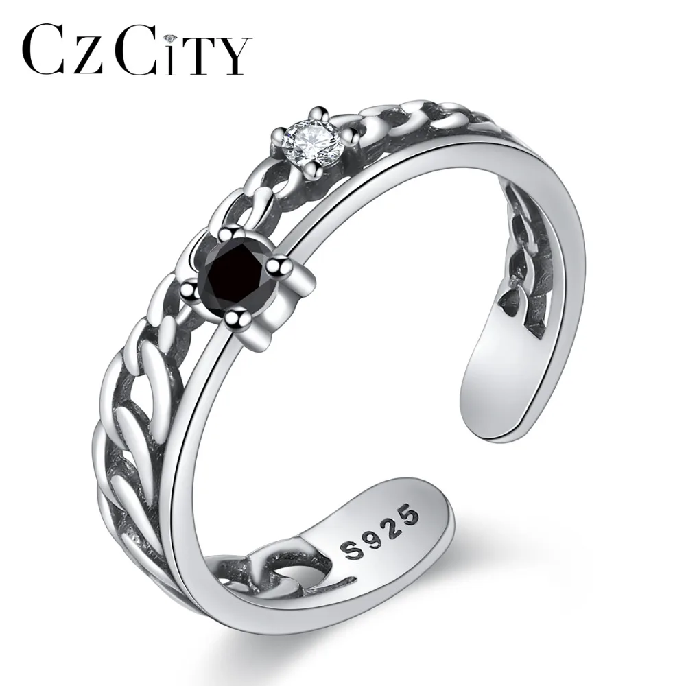 

CZCITY Genuine 925 Sterling Silver Finger Rings Fine Jewelry for Women Round Design Vintage Silver Wide Adjustable Wedding Ring