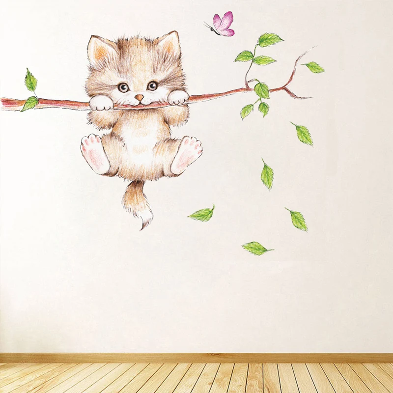 Наклейки на стену с изображением милого кота веток и бабочек|butterfly wall stickers|sticker for