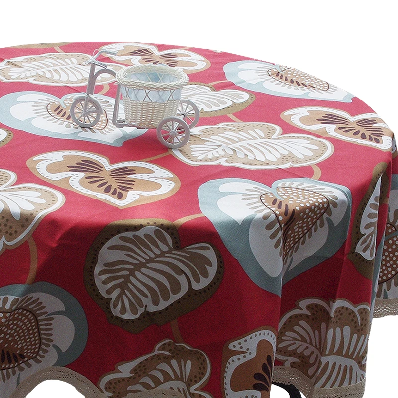 Красное полотно круглая кружевная скатерть край толстые листья напечатаны