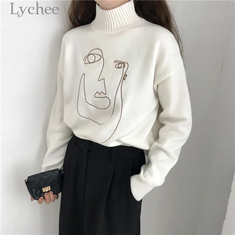 Lychee осень зима геометрический рисунок лица Вышивка женский свитер макет шеи с длинным рукавом мягкий Сплит пуловер свитер женский