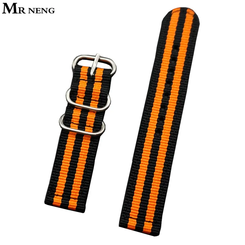 

MR NENG Brand 18mm 20 mm 22mm 24mm Black-Orange Stripes fabric Nylon watchband Watch Strap Band Buckle Stainless steel Ring