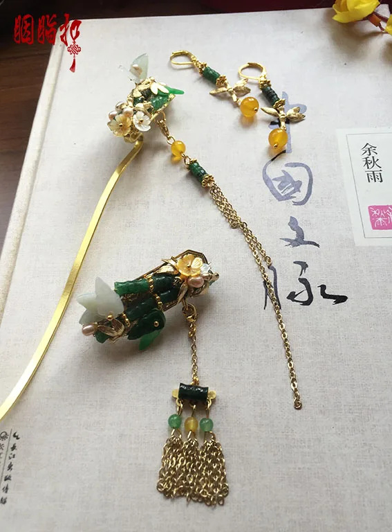 Зеленый бамбуковый Jadite палочка для волос tassel Hanfu костюм заколка аксессуары