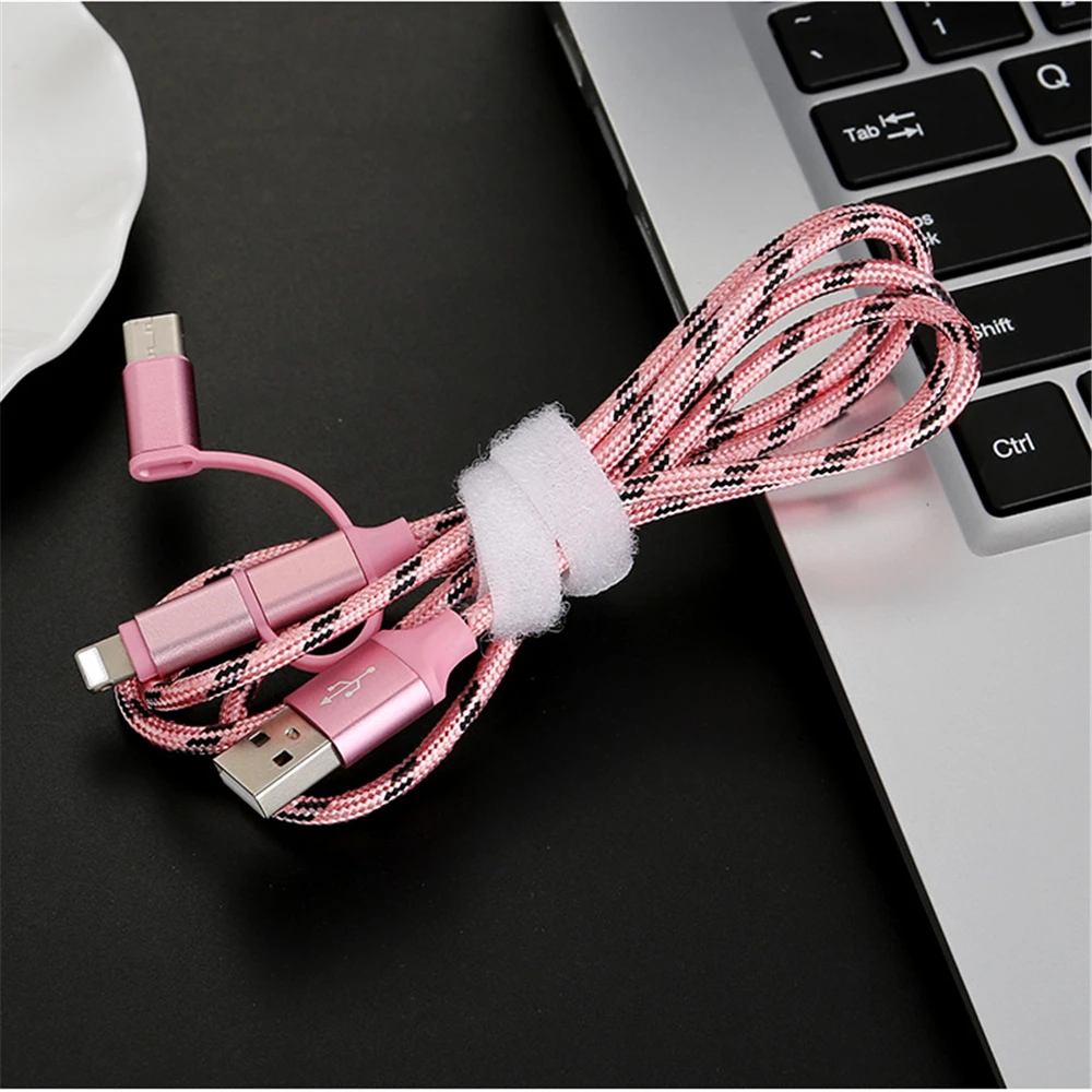 Дата кабель для телефона зарядный 100 см нейлоновый плетеный 3 в 1 Micro USB быстрое
