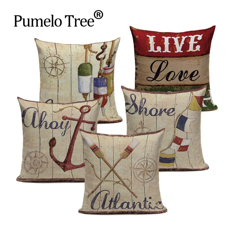 

Cheap Linen Cotton Summer Ocean Style Marine Pillow Throw 45Cmx45Cm Square Bedside 1 Side Printing Cushion Pillow Case Cover