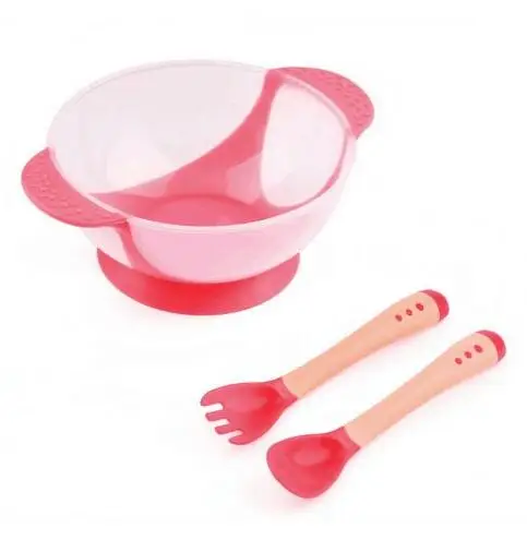 pink spoon fork Посуда для кормления детей, детская Тарелка на присоске, миска для малышей, детская крышка для кормления, тренировочная миска с ложкой, Обучающие блюда - Цвет: pink spoon fork