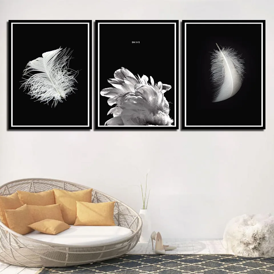 Черно белые перья листья дерева постеры и принты минималистическая Картина