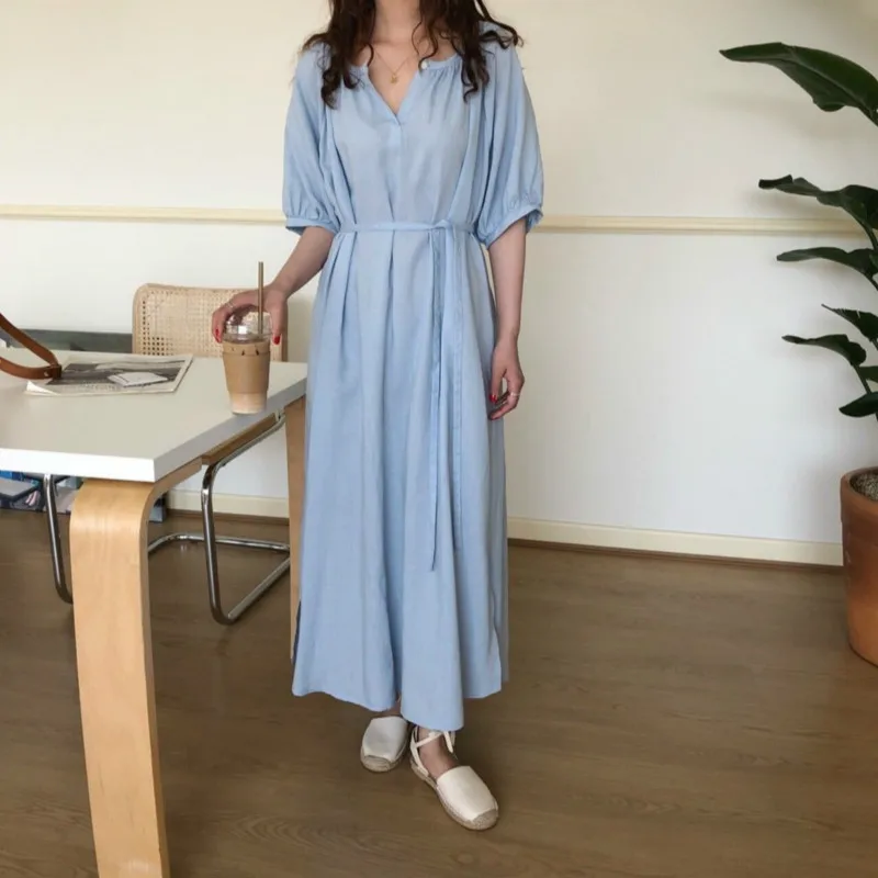Женское летнее Зеленое Длинное прямое платье с v-образным вырезом, Maix Vestidos с поясом, винтажное свободное платье размера плюс, Femme Sukienki, сарафан