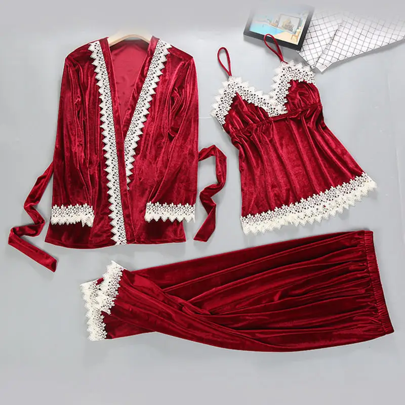 Wine Red Комплект из 3 предметов, сексуальная женская Золотая Бархатная Пижама,, осенне-зимняя кружевная одежда для сна, пижама для женщин, пижама с единорогом, Ночная одежда - Цвет: Wine Red