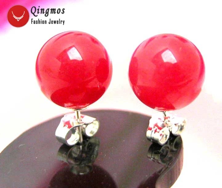 Женские круглые серьги гвоздики Qingmos розовые натуральные нефриты с серебром 10 мм