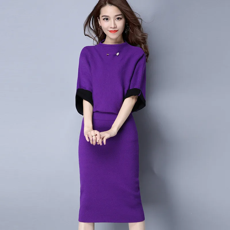Purple 3XL комплект юбки и свитера из двух предметов женский элегантный костюм с юбкой миди юбка+ пуловер вязаный комплект из 2 предметов Женский комплект с юбкой большого размера - Цвет: Purple