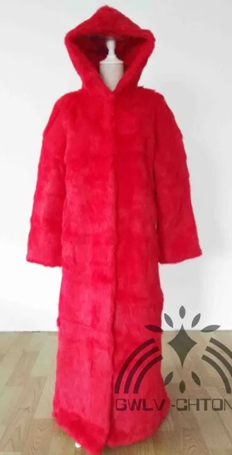 red color Настоящая шуба из натурального кролика с капюшоном Женская длинная модная куртка на заказ любой размер любой цвет - Цвет: red color