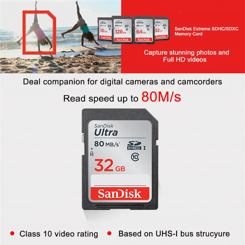 Оригинальная sd-карта SanDisk Ultra, 16 ГБ, 32 ГБ, 64 ГБ, 128 ГБ, класс 10, fiash, карта памяти, USH-I, C10, 80 Мб/с, SDHC, SDXC, карта SD для камеры
