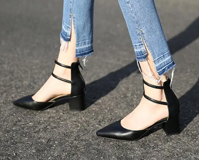 

Spring 2017 Brand Women Fashion Black Beige Square Heel Pointed Toe Buckle PU Cheap High Quality Med Heels Pumps Shoes