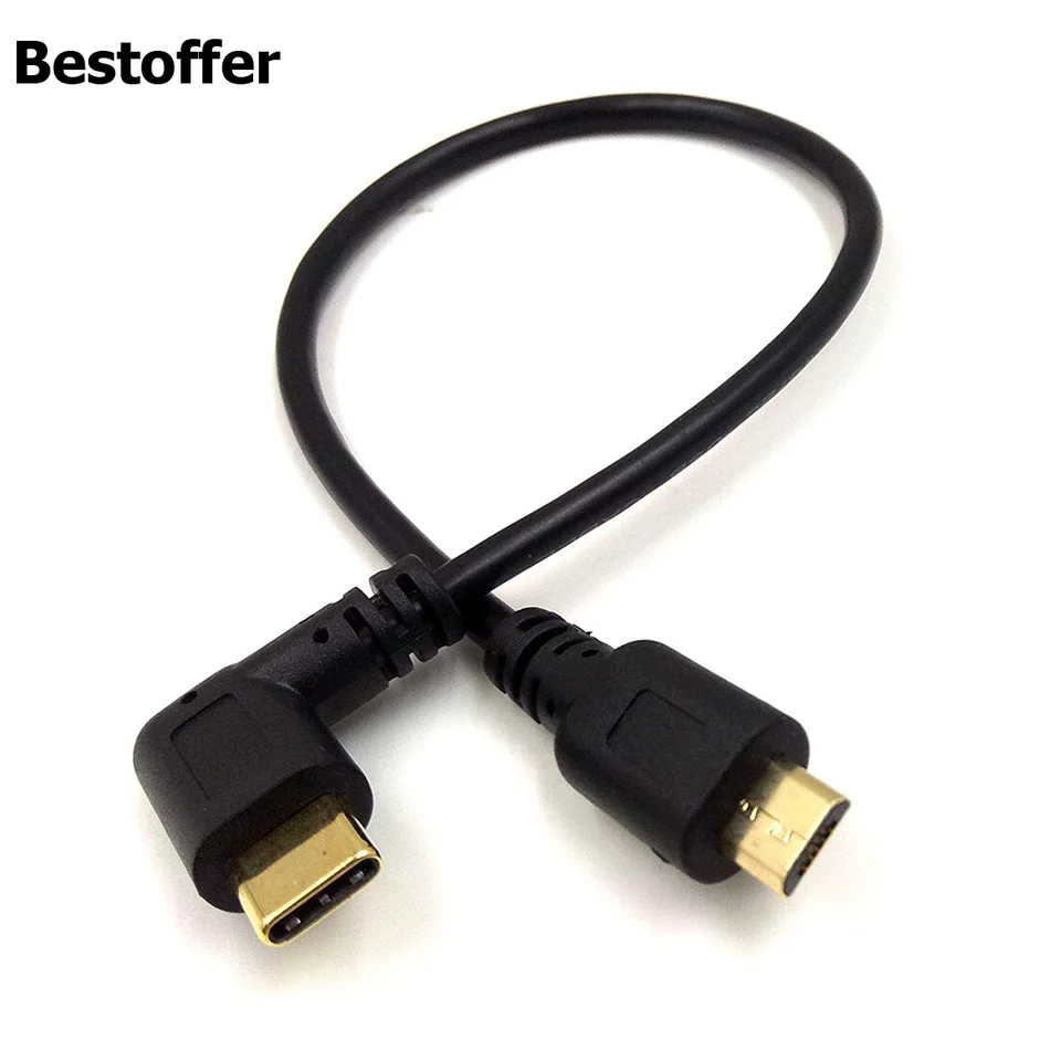 Кабель USB C к Micro позолоченный шнур Type 2 0 90 градусов для устройств Macbook Pro и Android 25 см