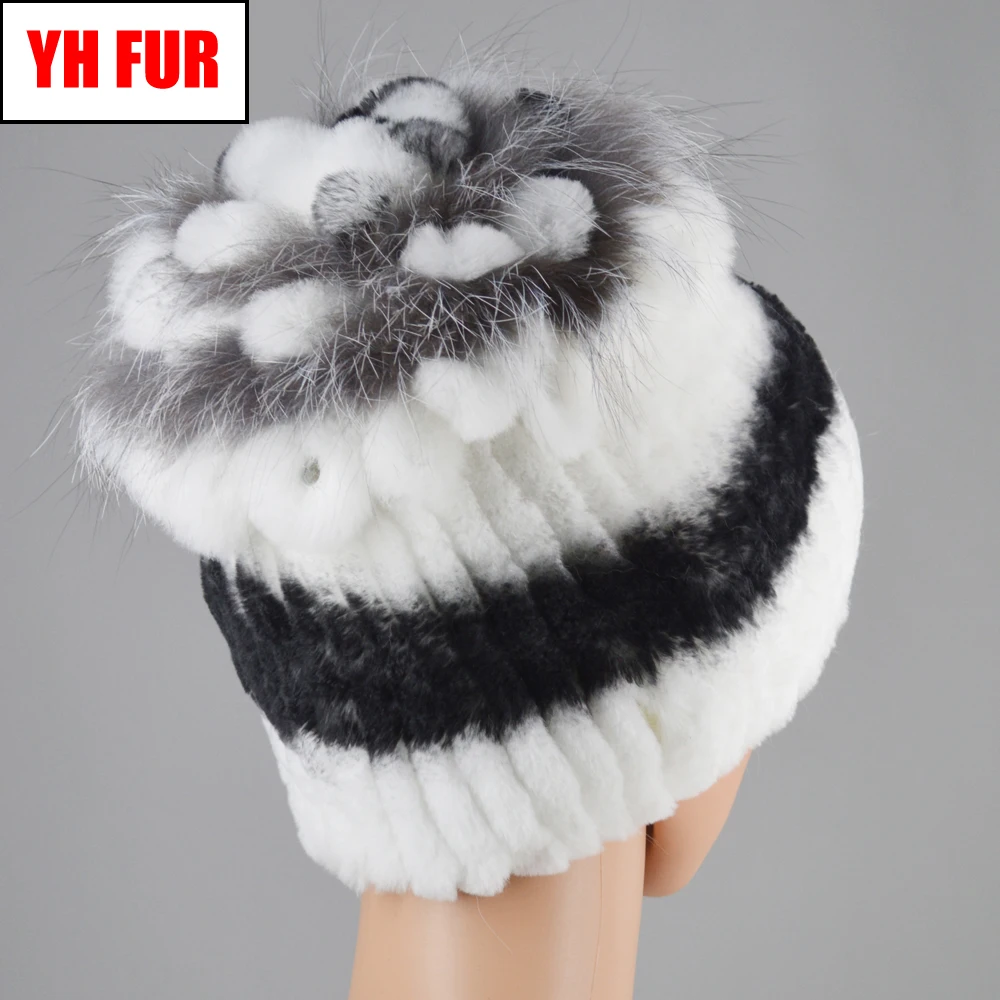 Полосатый Настоящий мех кролика шапки вязанные женские 100% натуральная шапка из