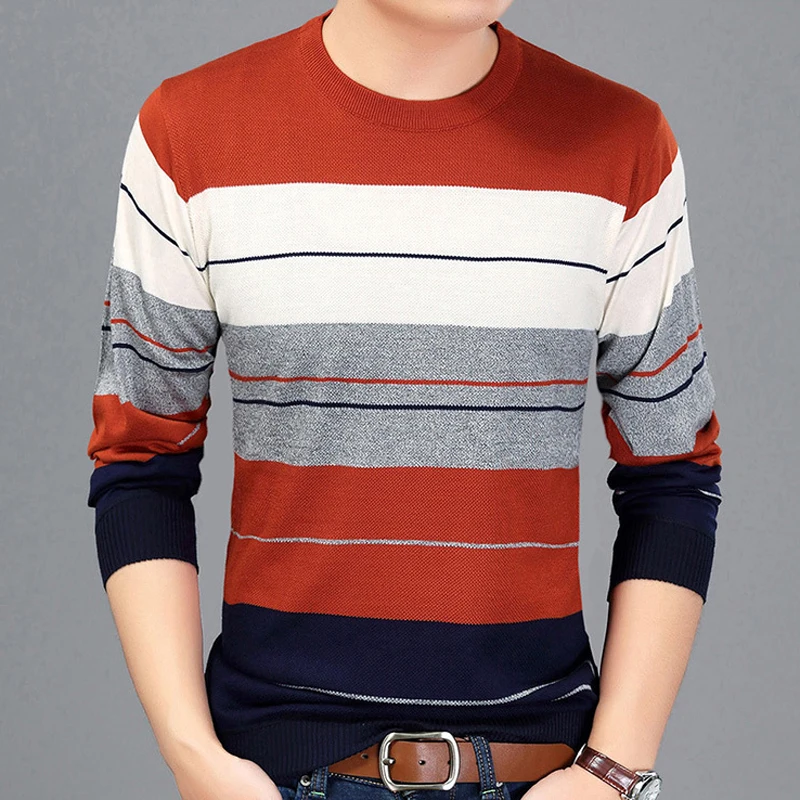Хит 2019 брендовый мужской свитер тонкий пуловер вязанный модный в полоску мужские
