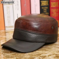xdanqinx adjustable size brands genuine leather hat womens military hats autumn winter cowhide warm mens flat caps with ears
