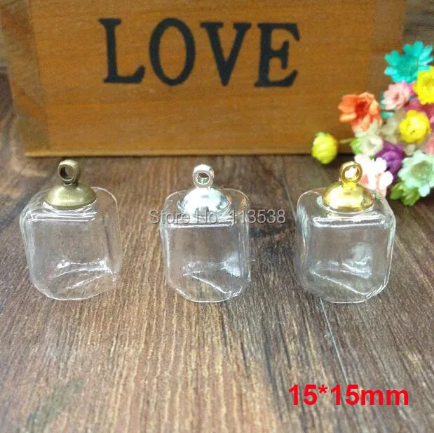 

50sets/lot 15*15mm square cube glass globe cover with 8mm silver/bronze/gold metal cap empty vial pendant diy jewelry findings