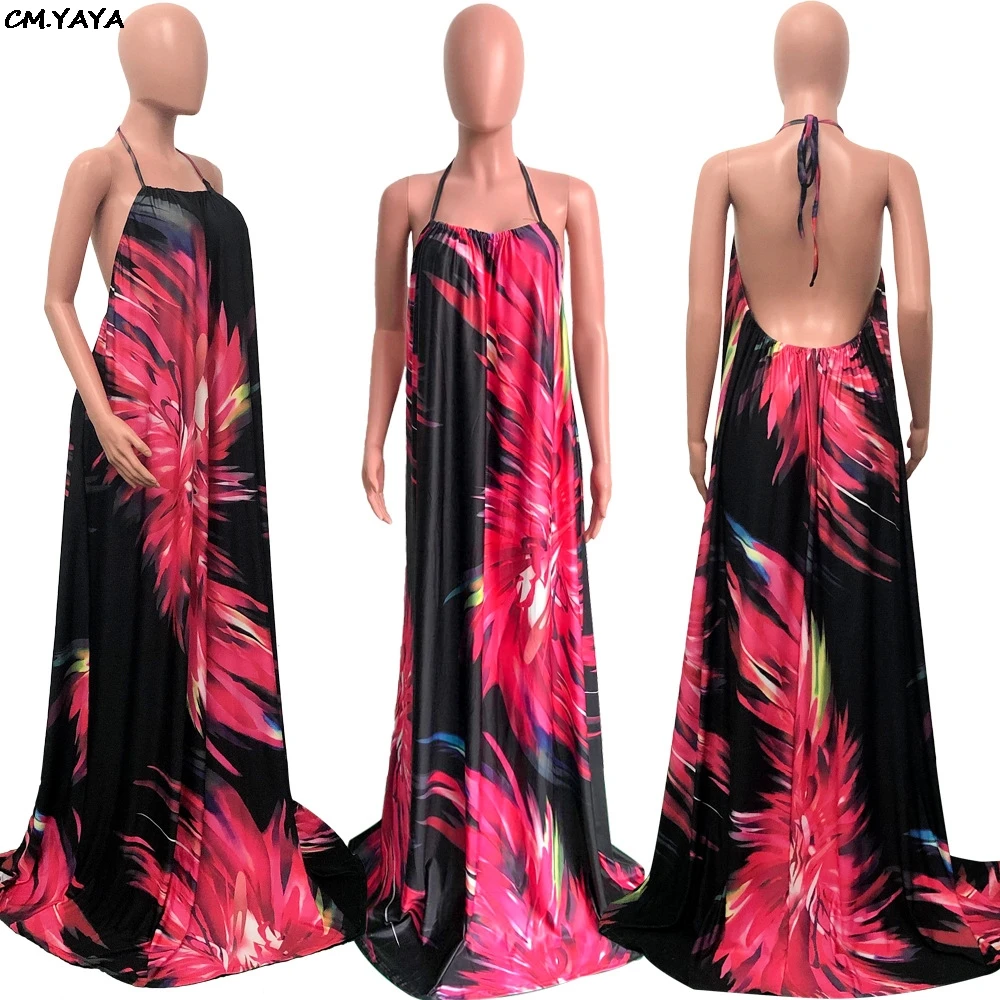 Женское винтажное платье без рукавов с открытой спиной свободное в пол принтом