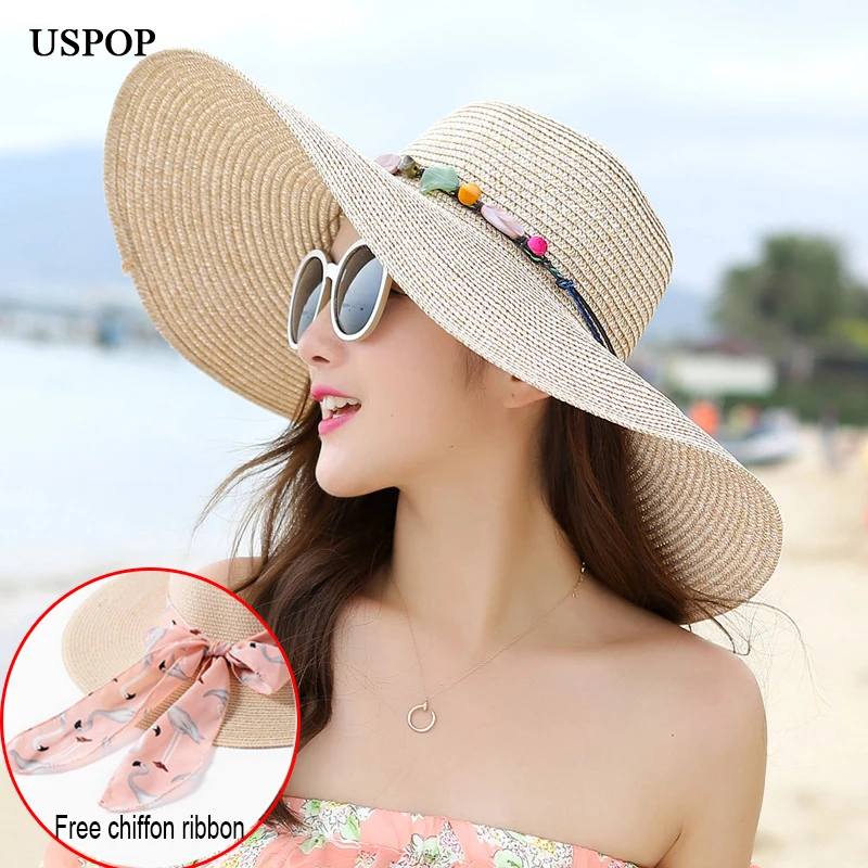 USPOP 2019 популярная женская обувь с большими полями шляпы от солнца цветным камнем