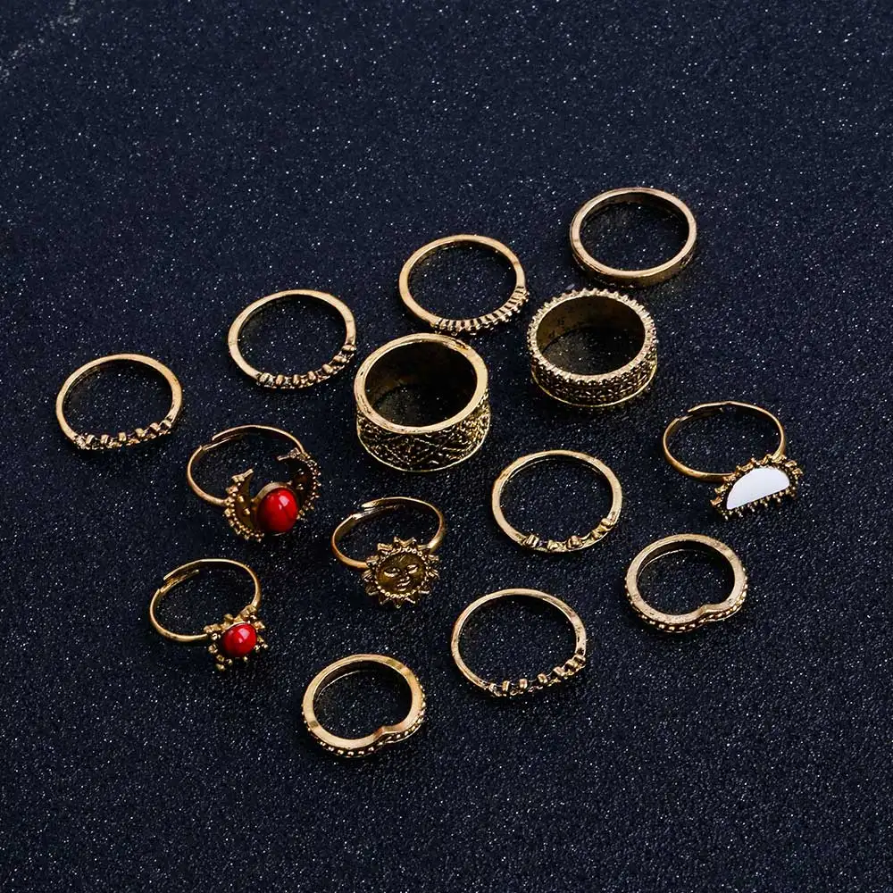 FAMSHIN 14 шт./компл. винтажные серебряные цвета Луна и солнце кольцо среднего размера