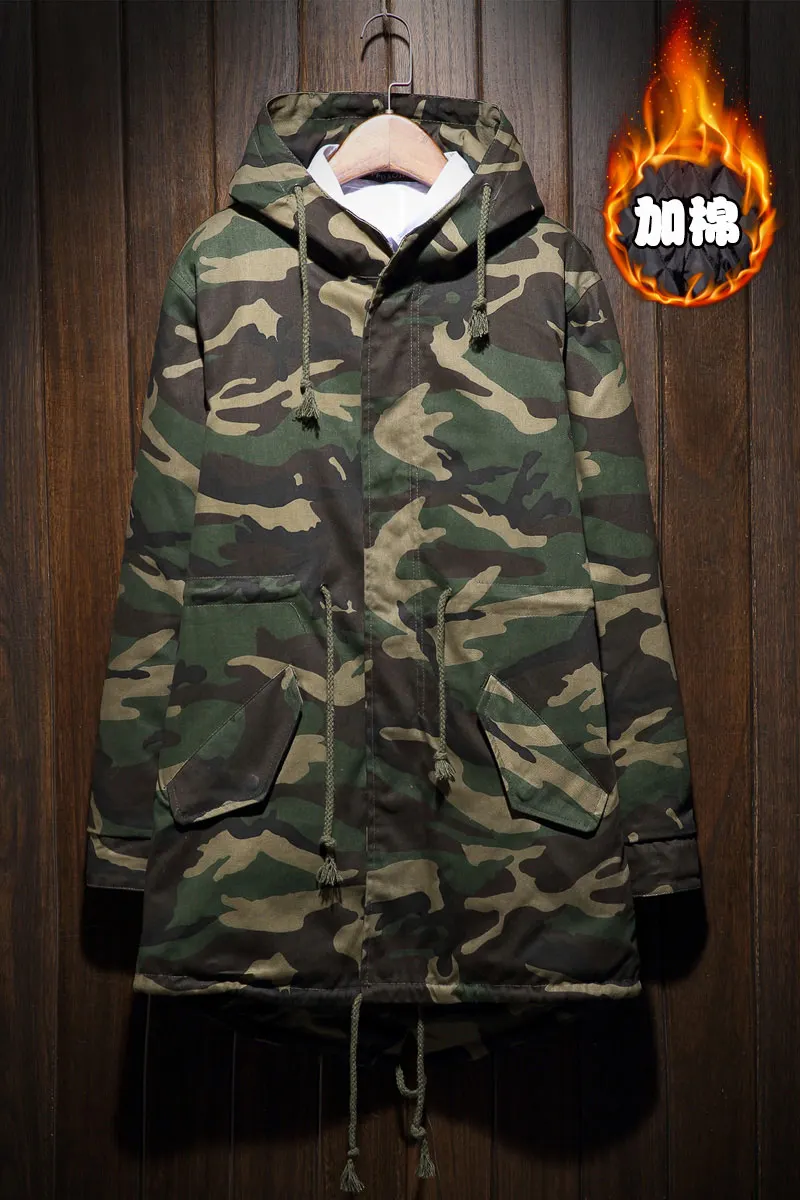 2016 Для мужчин зимние толстые теплые Армейский зеленый камуфляж с капюшоном