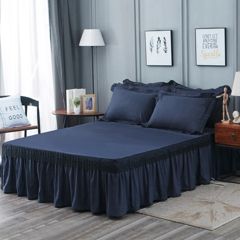 Кружевной Край гофрированный эластичный постельный комплект темно синий серый