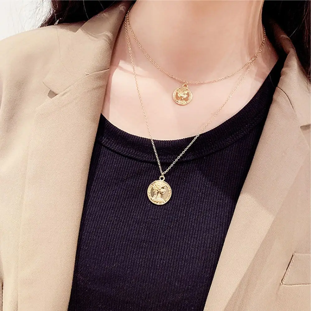 Трендовая винтажная круглая монета с портретом двойная подвеска со слоями