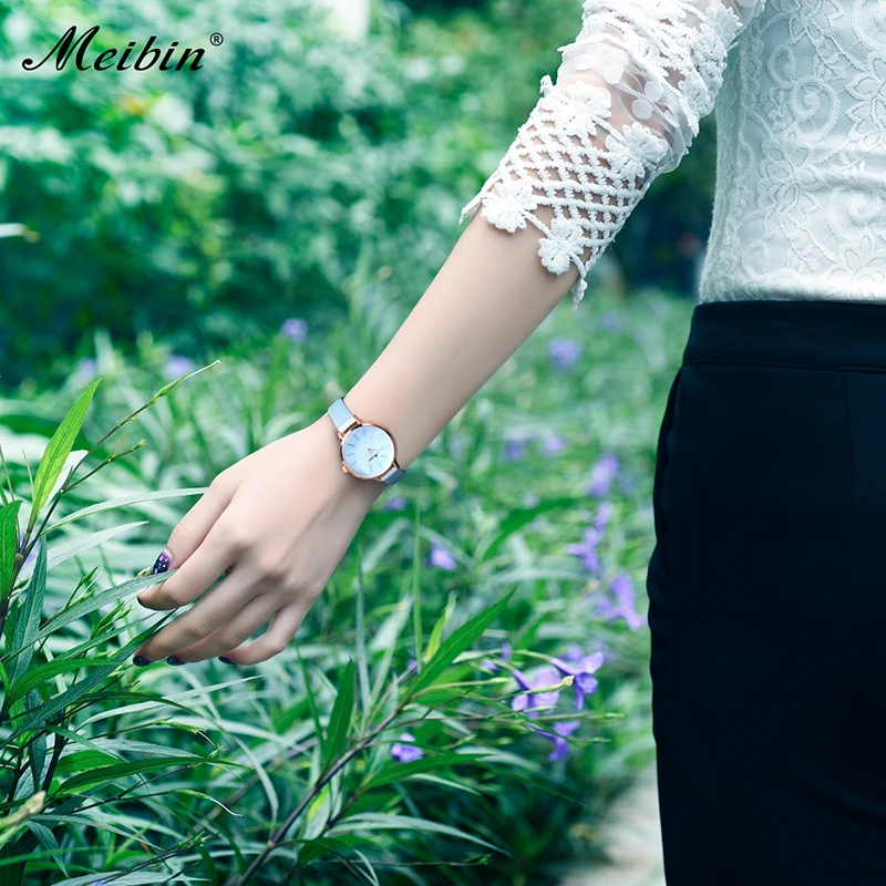 Модные MEIBIN новые Брендовые женские кварцевые часы из натуральной кожи