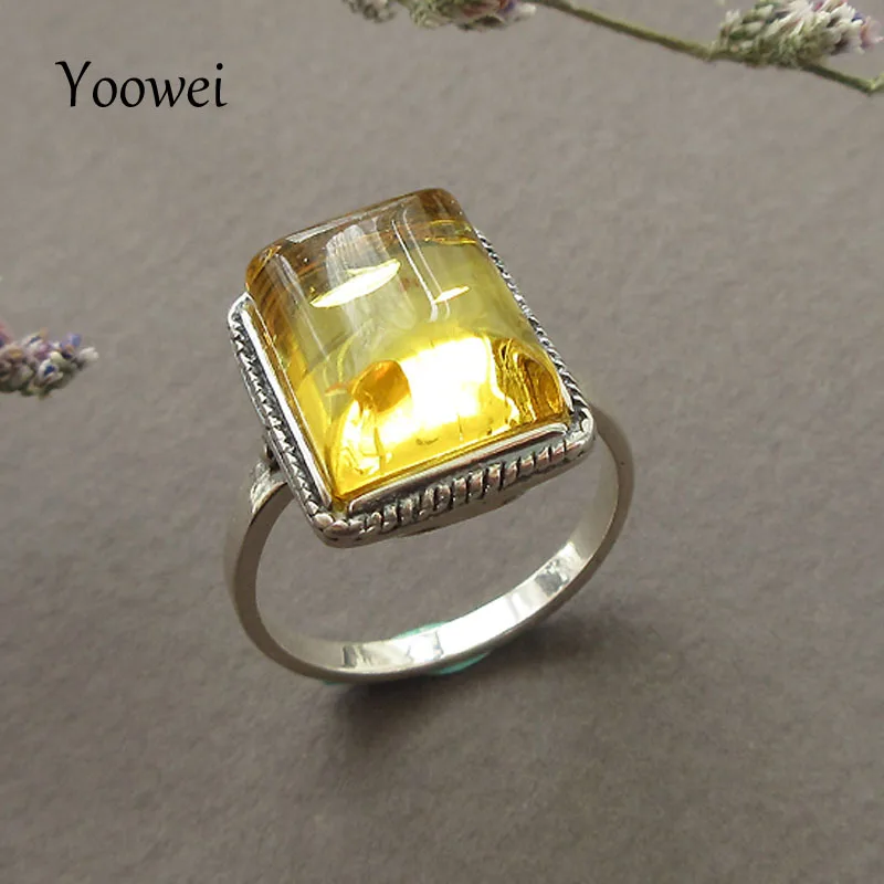 Yoowei натуральный янтарь кольца для Унисекс Золотой Винтаж кольцо S925 серебряный