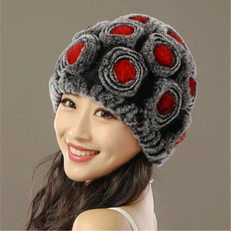 Шапка из меха кролика рекс пятилетняя утепленная вязаная зимняя купольная шапка