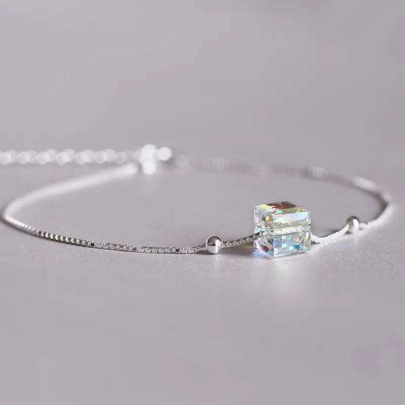 S925 Silver Bracelet Aurora Sugar Austrian Crystal Hand Jewelry Japanese and Korean Simple Fashion Sterling Chain | Украшения и