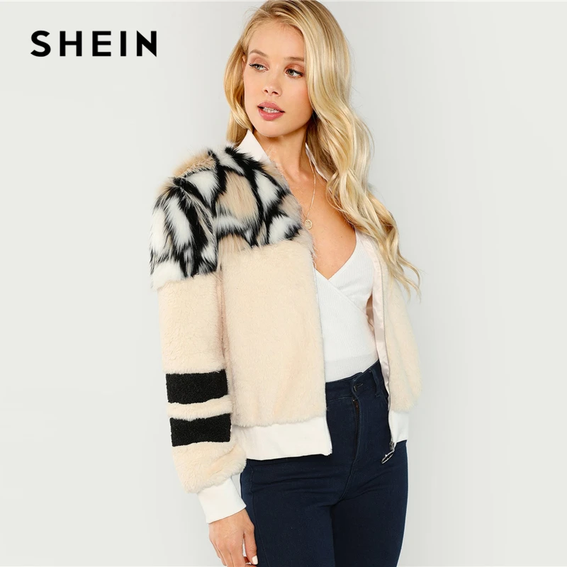 SHEIN Куртка Из Эко Меха На Молнии Стильная Куртка С Животным Принтом Укороченная Куртка