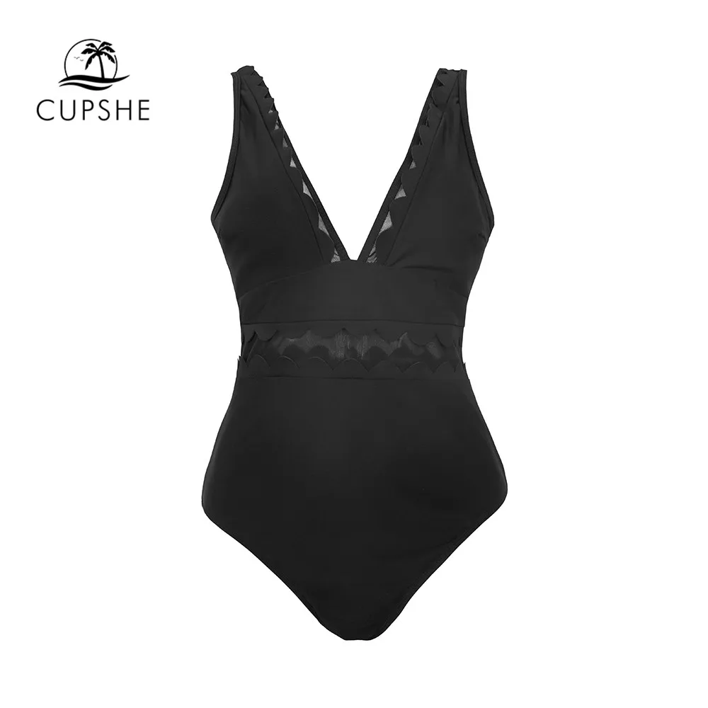 CUPSHE однотонный черный цельный купальник с v образным вырезом пикантная волнистая