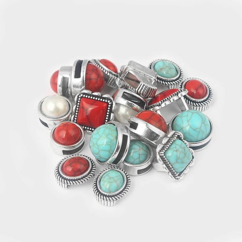

5pcs/lot Silver Color Red /Blue /Turquoise Beads 10x2mm Flat Leather Sliders For 10mm Flat Leather Bracelet Jewelry Findings