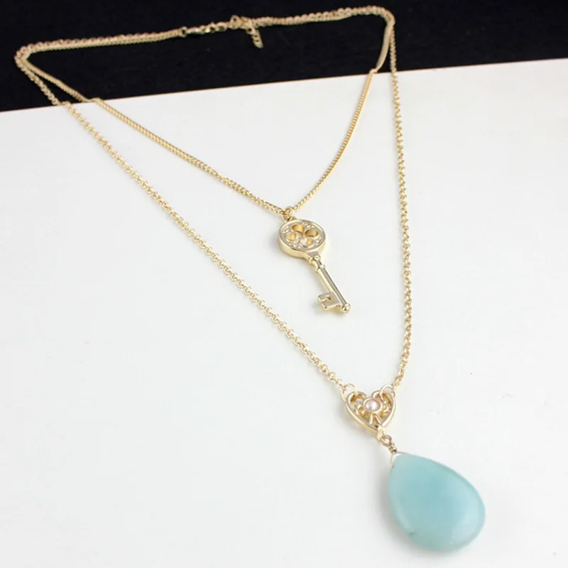 Двойной слой ключа в виде капли воды Amazon Stone кулон Цепочки и Ожерелья