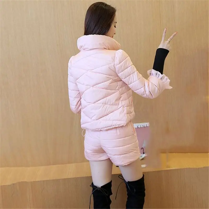 

Winter Women Casual Fashion Dwon Cotton Jacket and Shorts Pant Female Warm Thick Parka Ladies Slim Bow Ruffles Outwear Coat E87