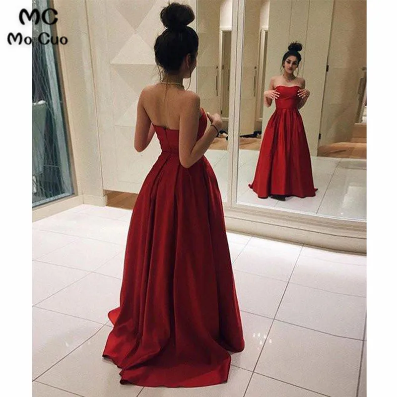 Женское атласное вечернее платье без бретелек длинное на молнии с карманами