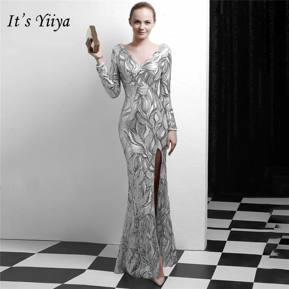Вечернее платье Мусульманское с длинным рукавом It's Yiiya, Бальные платья на молнии назад длиной до пола, платья выпускного вечера с блестками Золотой Щепка Черные,C103,лето