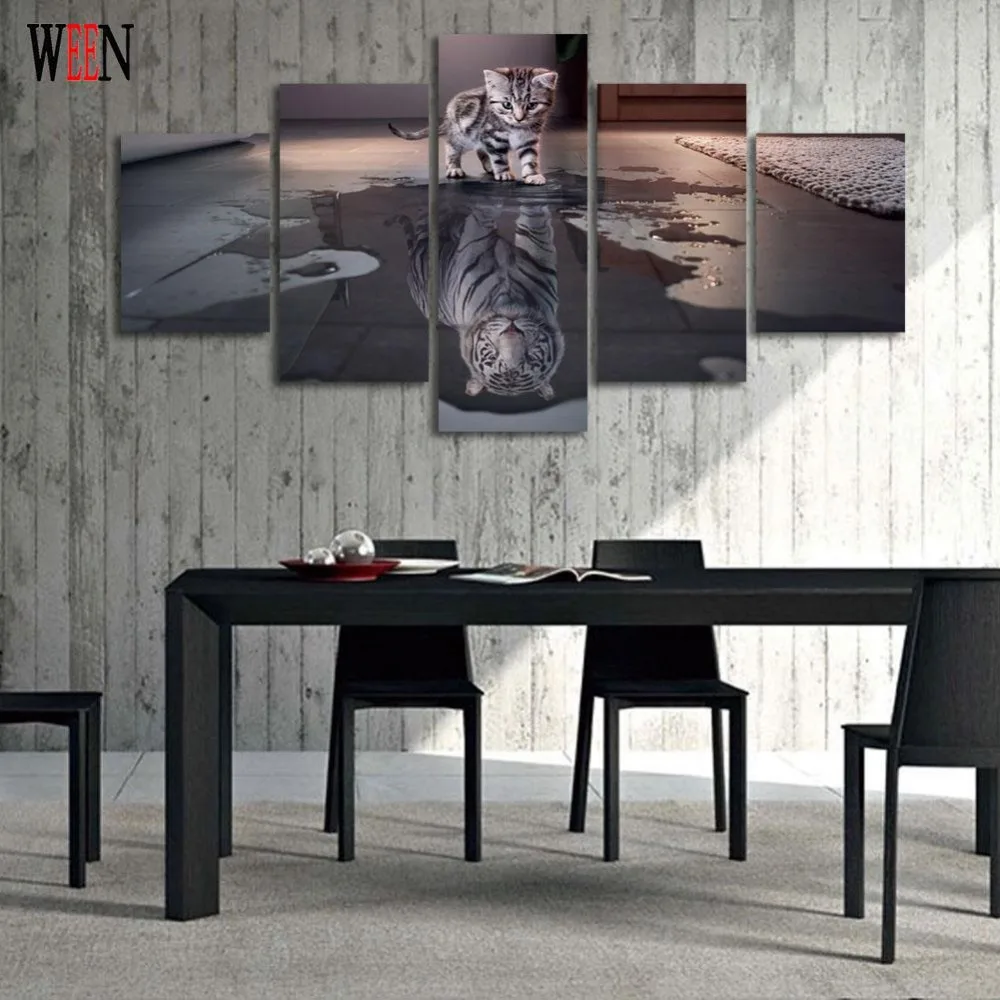 5 шт. Картина на холсте с изображением кота и тигра HD печать для гостиной