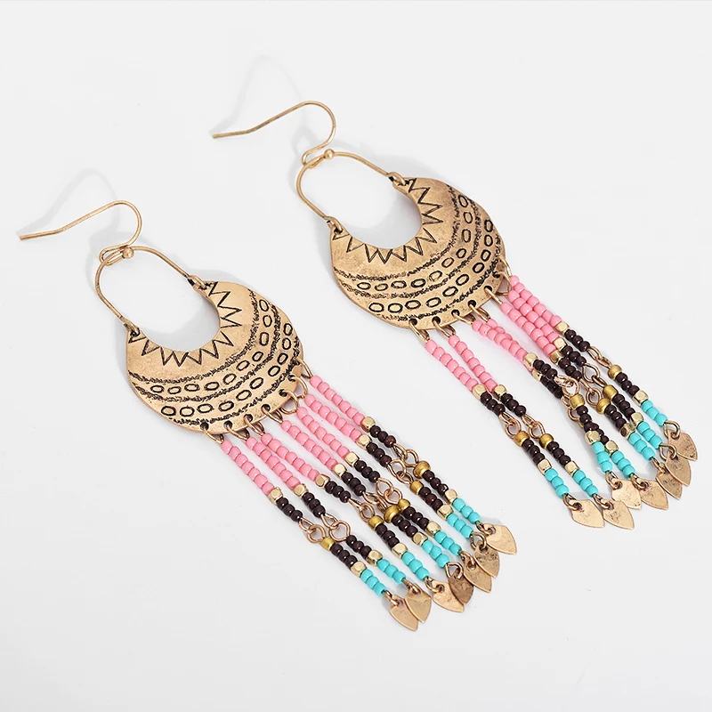 Женские серьги в стиле бохо с разноцветными бусинами кисточками ювелирные