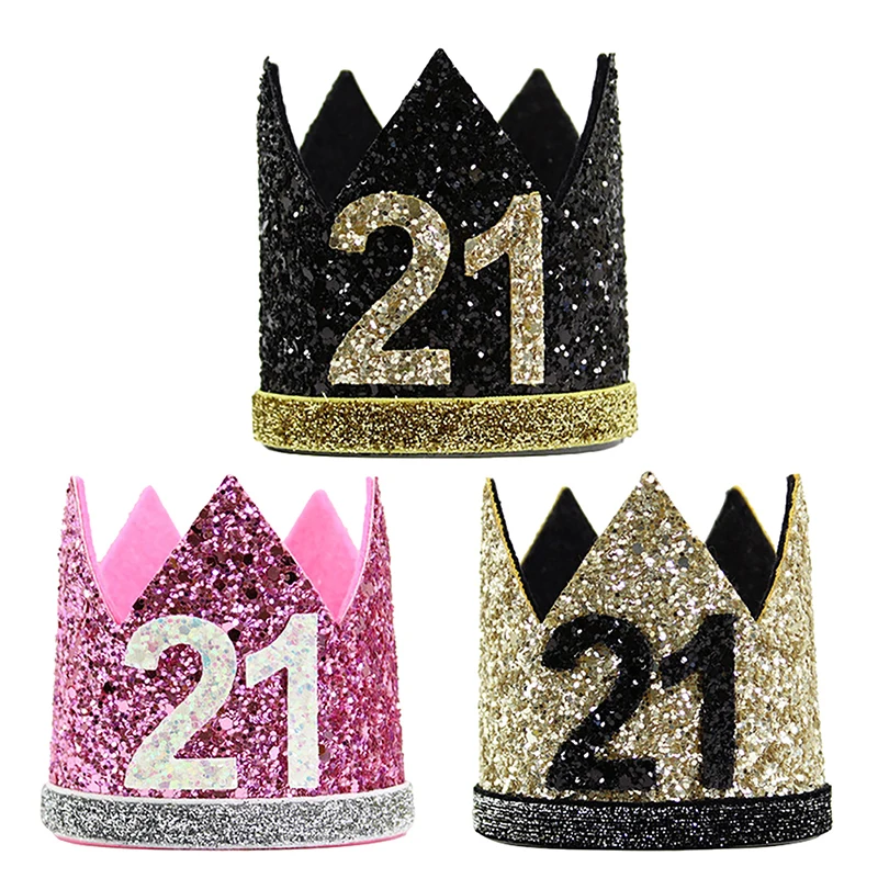 Beauty Girl 21st Birthday Hat Gold Balck Pink Priness Crown Number 21 Years Old Party Hats Glitter Queen Headband|Шляпы для