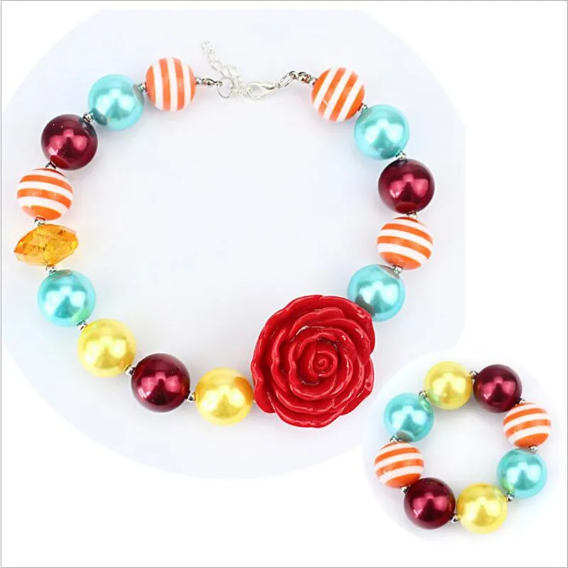 

2Set Baby Girls Red Resin Flower Chunky Bubblegum Necklace Set 2015 New Kids Princess Necklace Jewelry Set