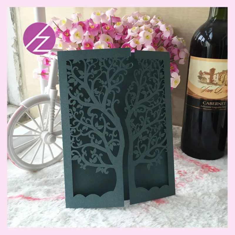 

100pcs/lot tree design laser cut wedding invitation card greeting card with white envelop QJ-26