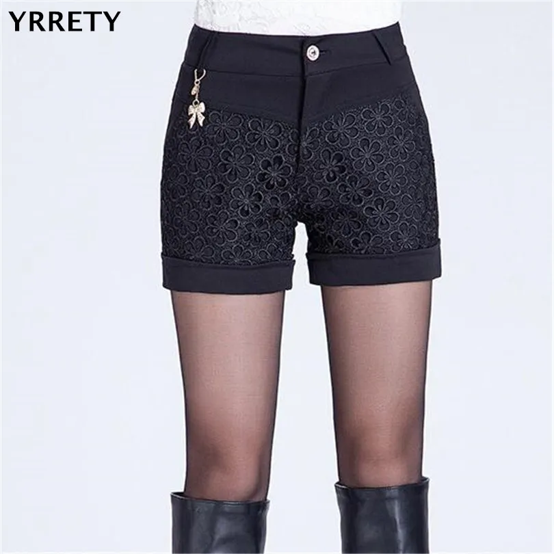 YRRETY Модные женские Лоскутные кружевные шорты Feminino резные цветы элегантные женские трикотажные Короткие аппликации средней талии Бермуды