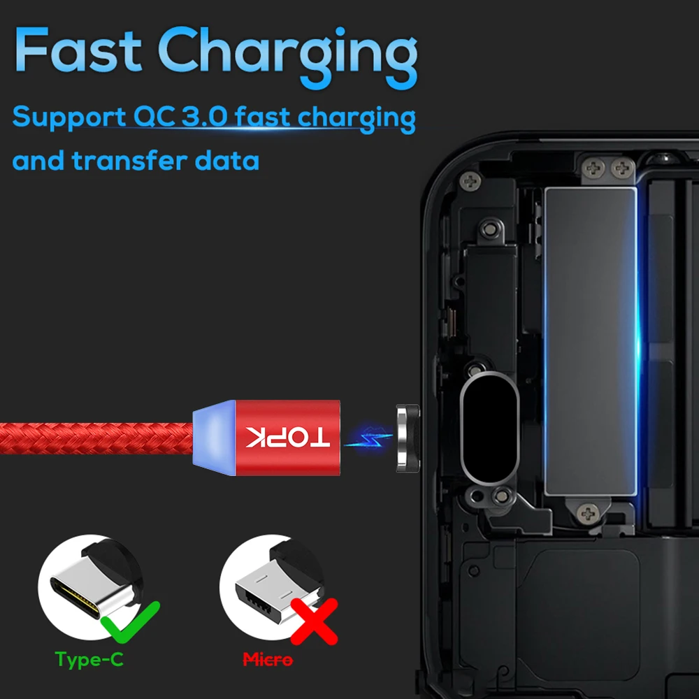 TOPK 2-го поколения светодиодный магнитный usb-кабель type-C и Micro USB кабель для быстрой