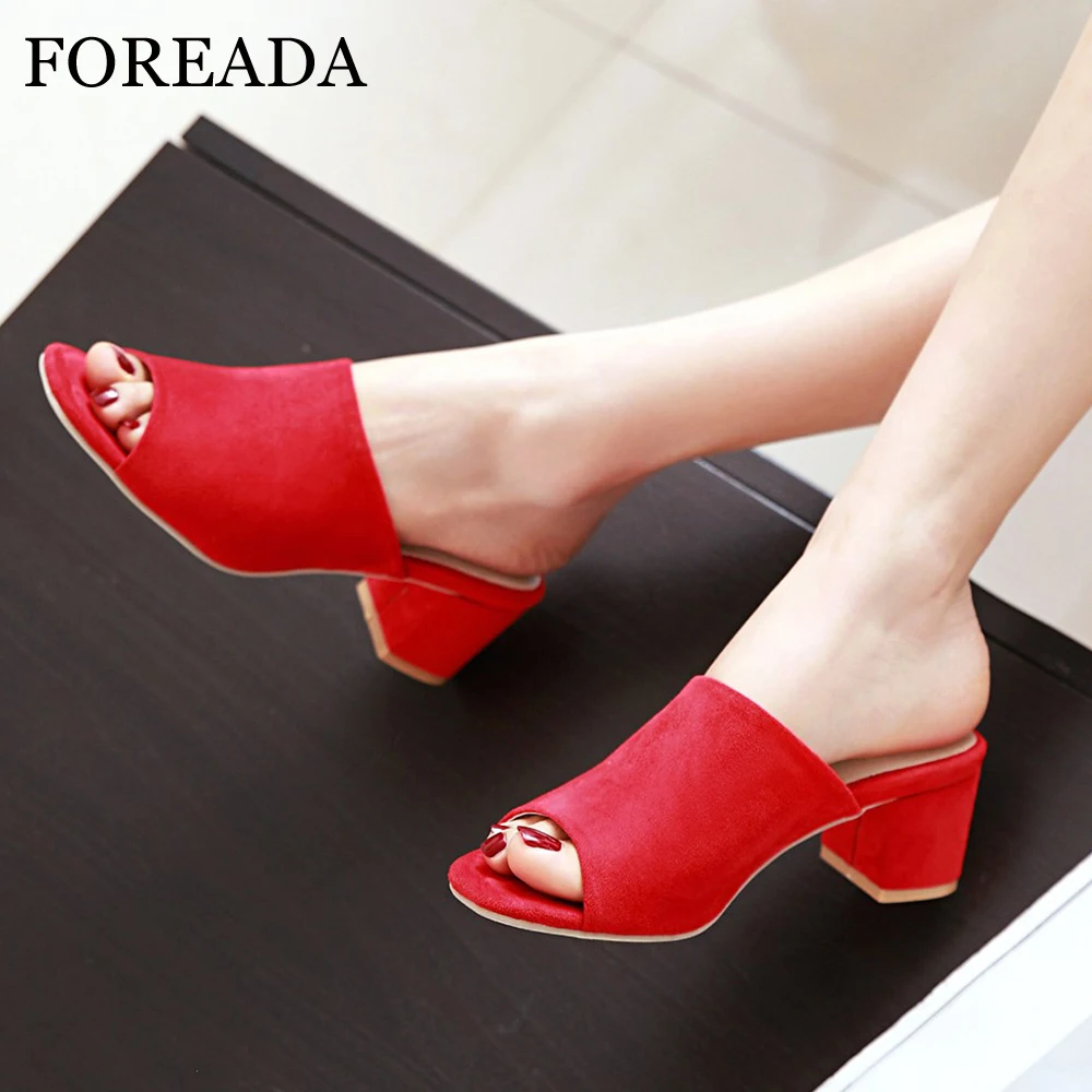 

FOREADA Summer Sandals Women Slippers Thick High Heel Party Shoes Fashion Peep Toe Ladies Slippers Red Sandals 2019 Big Size 43