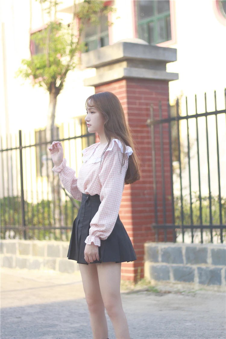 2017 Новый Прибыл Женщины Хлопок Питер Пэн Воротник Клетчатой Рубашке